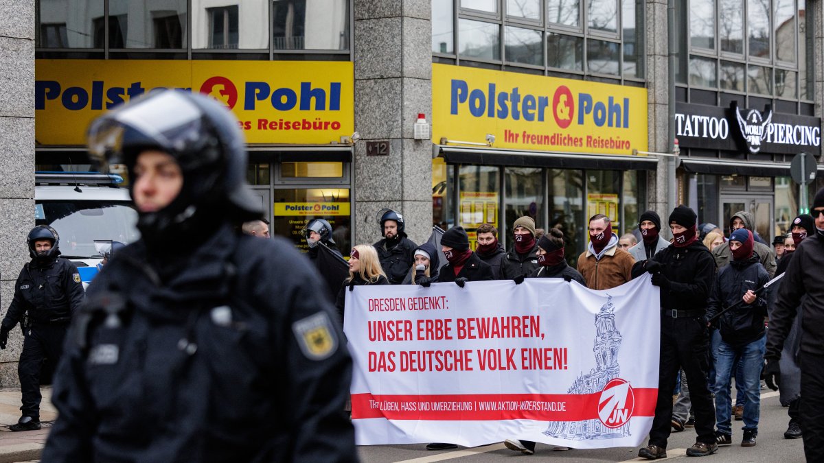 Right-wing extremists take part in a march through the streets of Dresden, eastern Germany, Feb. 14, 2026. (AFP File Photo)