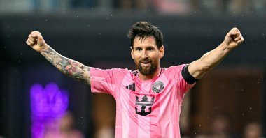 Inter Miami's Lionel Messi celebrates a goal scored by teammate Luis Suarez during the Major League Soccer (MLS) regular-season match against San Diego FC at Nu Stadium, Miami, Sept. 20, 2026. (AFP Photo)
