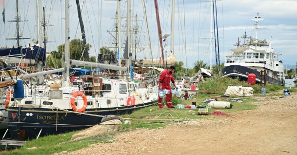 Vessels damaged in an Israeli attack on the Global Sumud Flotilla are seen undergoing repairs in Antalya, southern Türkiye, Oct. 2, 2026. (AA photo)