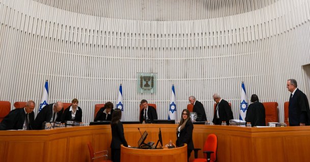 Judges of Israel's Supreme Court hear appeals against the Central Elections Committee's decisions to disqualify Balad chairman Sami Abu Shehadeh, Hadash-Taal MK Ofer Cassif and Arab party lists from running in Israel's upcoming national elections, in Jerusalem, Oct. 1, 2026. (Reuters Photo)