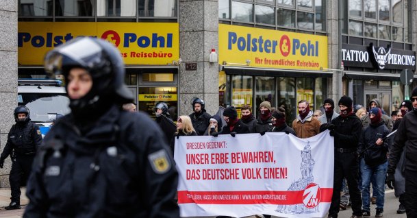 Right-wing extremists take part in a march through the streets of Dresden, eastern Germany, Feb. 14, 2026. (AFP File Photo)