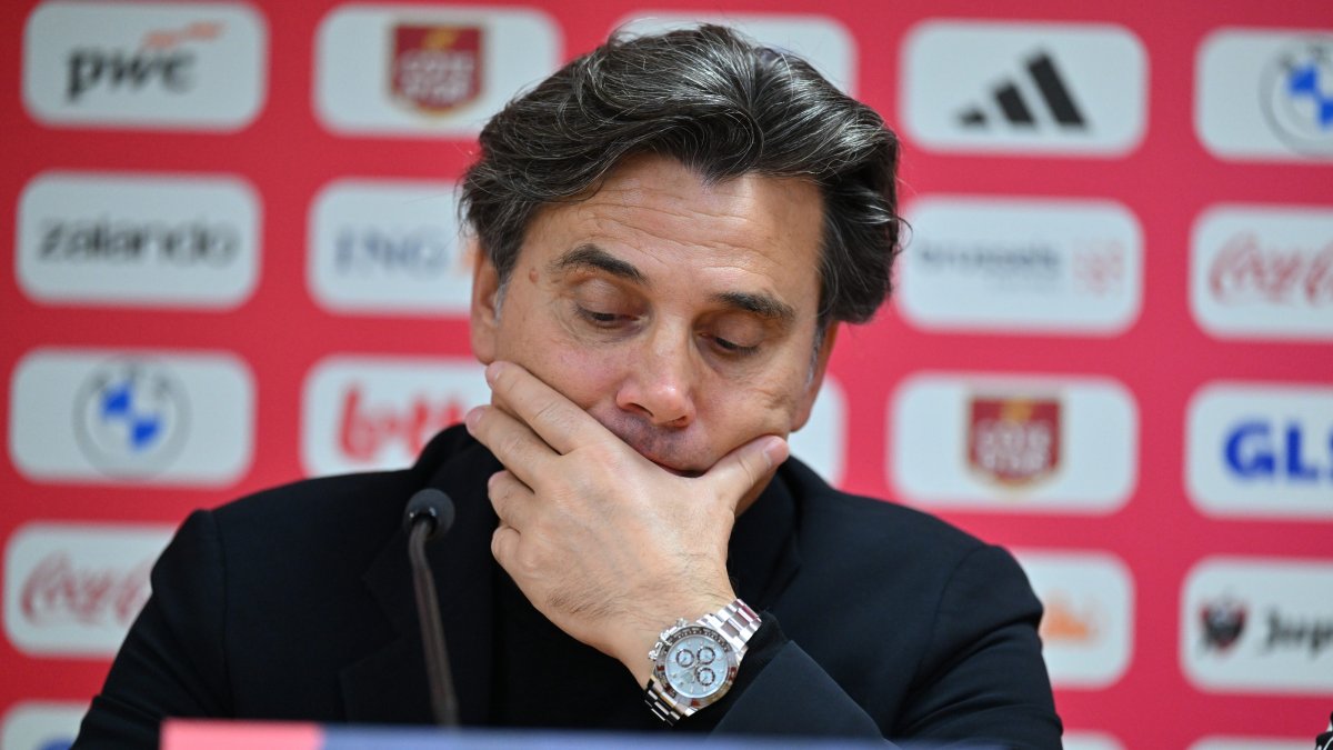 Türkiye's national team coach Vincenzo Montella reacts during a UEFA Nations League post-match press conference after a 3-0 loss to Belgium at Maurice Dufrasne, Liege, Belgium, Oct. 2, 2026. (AA Photo)