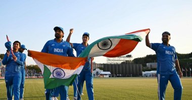 India's players celebrate their victory in the men's cricket final match between Pakistan and India during the 2026 Asian Games at the Korogi Athletic Park, Nisshin, Japan, Oct. 3, 2026. (AFP Photo)