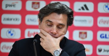 Türkiye's national team coach Vincenzo Montella reacts during a UEFA Nations League post-match press conference after a 3-0 loss to Belgium at Maurice Dufrasne, Liege, Belgium, Oct. 2, 2026. (AA Photo)