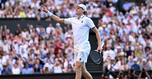 Italy's Jannik Sinner celebrates beating Germany's Alexander Zverev during their men's singles final tennis match on the fourteenth day of the 2026 Wimbledon Championships at The All England Lawn Tennis and Croquet Club, Wimbledon, London, July 12, 2026. (AFP Photo)