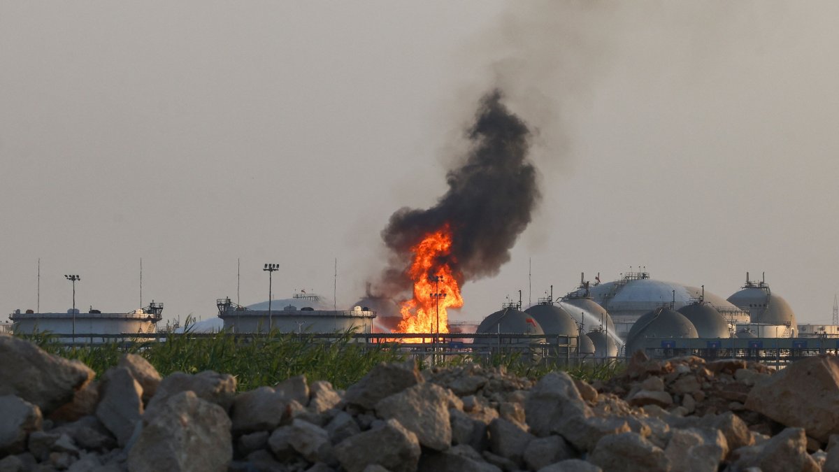 Flames burn at a facility belonging to Saudi oil giant Aramco south of Riyadh, Saudi Arabia, Oct. 3, 2026. (AFP Photo)