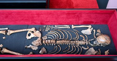The remains of medieval ruler Czar Samuel are seen inside a coffin during a handover ceremony, Thessaloniki, Greece, Oct. 3, 2026. (AP Photo)