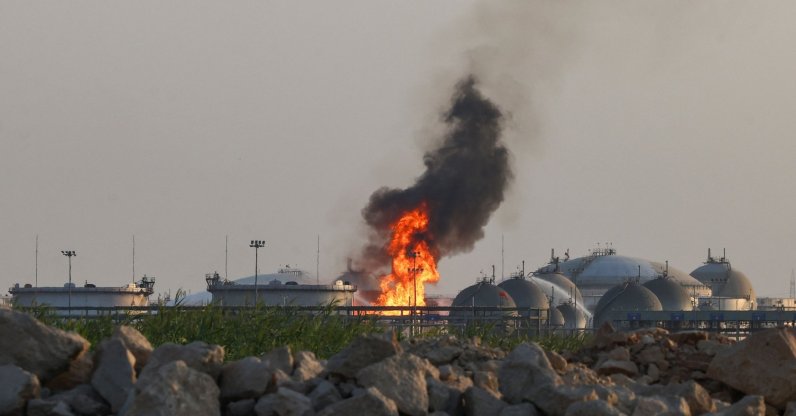 Flames burn at a facility belonging to Saudi oil giant Aramco south of Riyadh, Saudi Arabia, Oct. 3, 2026. (AFP Photo)