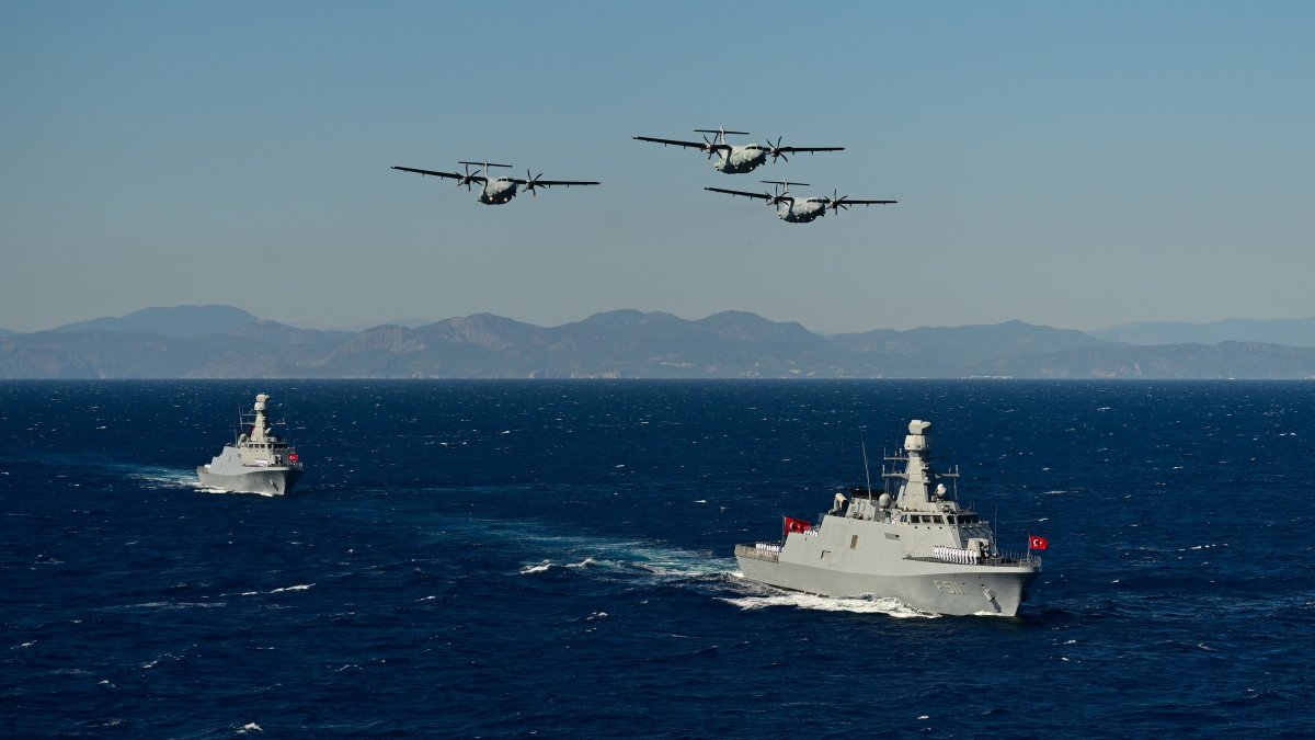 Turkish naval vessels take part in the Sea Wolf-I/2026 Exercise, involving 100 ships, 50 aircraft, off the coast of Marmaris, Türkiye, Sept. 24, 2026. (AA Photo) 