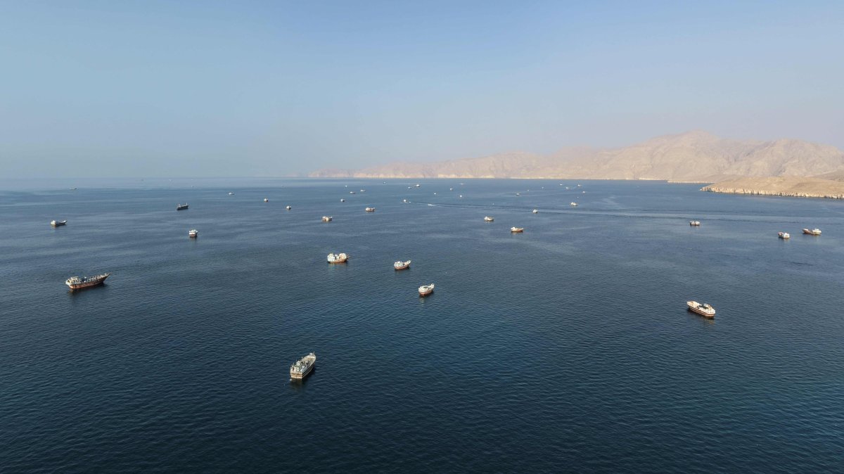 An aerial view shows ships anchored off the coast of Khasab in Oman&amp;#039;s Musandam Governorate, near the Strait of Hormuz, Oct. 2, 2026.