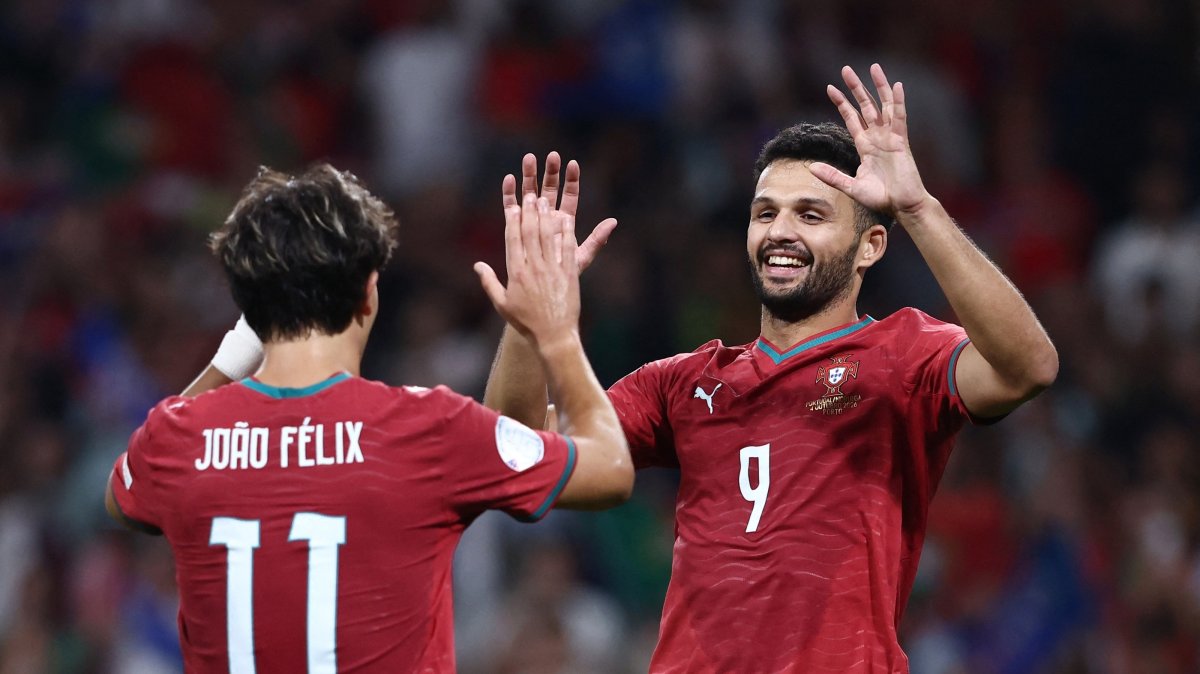 Portugal's Goncalo Ramos and Joao Felix celebrate after a goal against Norway in the UEFA Nations League, Porto, Portugal, Oct. 4, 2026.