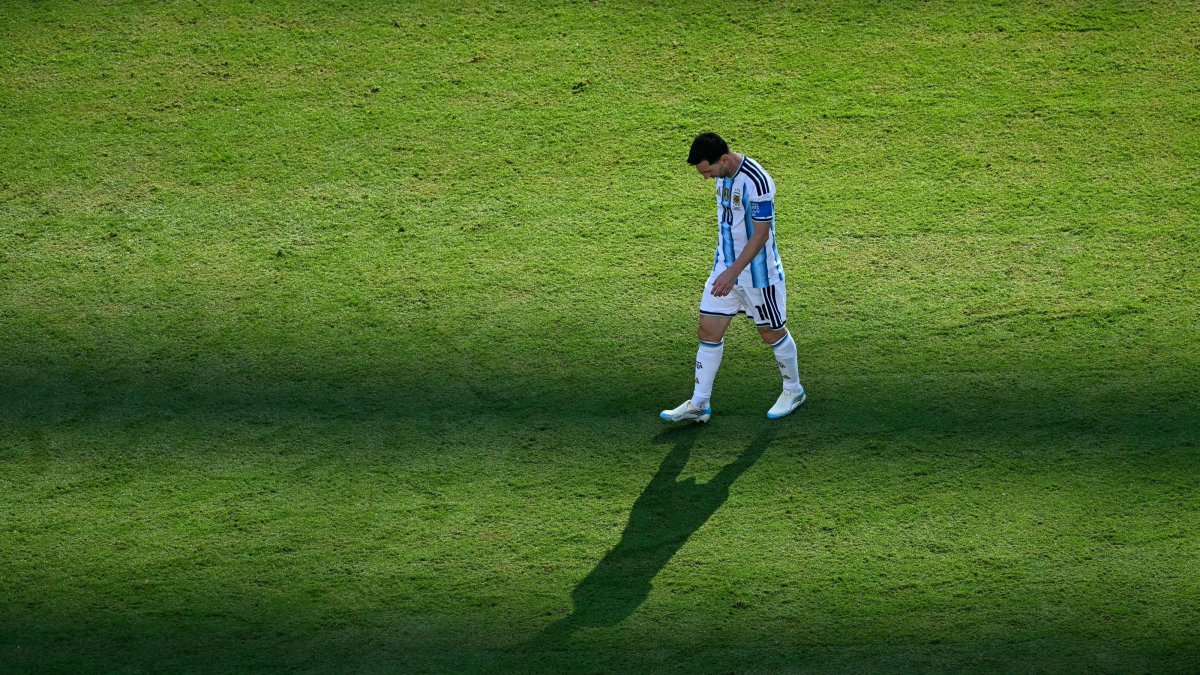 Argentina's forward Lionel Messi reacts during the 2026 World Cup football tournament final match against Spain, New Jersey Stadium, U.S., July 19, 2026. (AFP Photo)