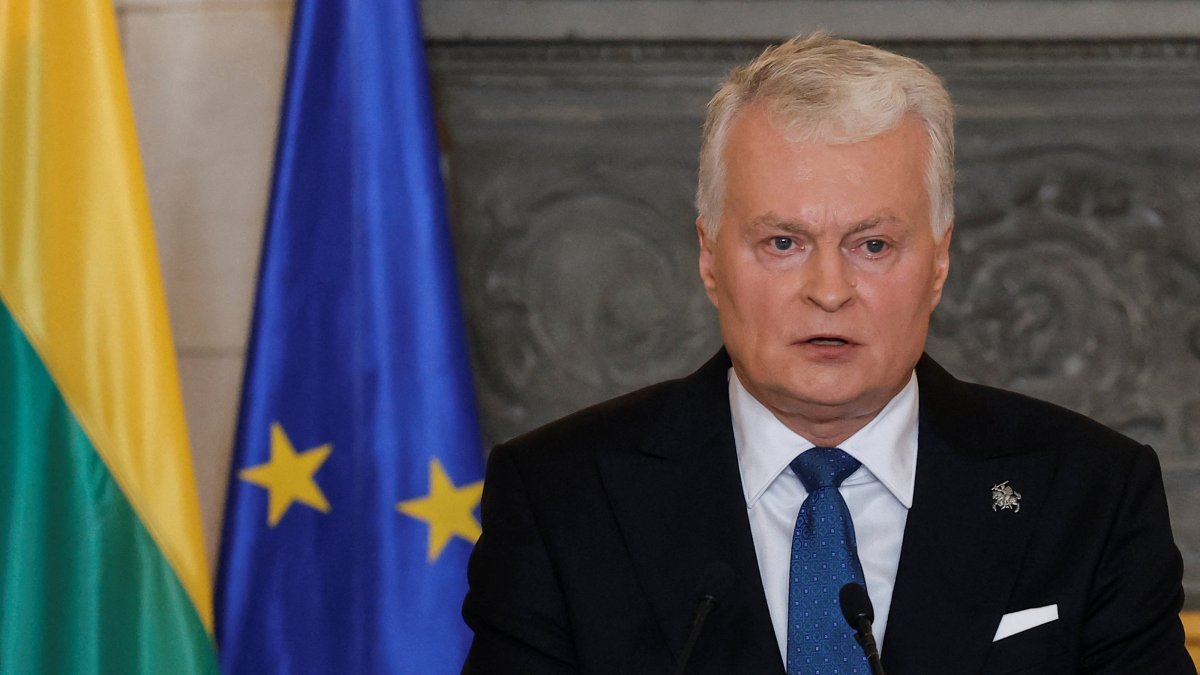 Lithuanian President Gitanas Nauseda talks during joint statements to the press with Greek Prime Minister Kyriakos Mitsotakis (not pictured), in Athens, Greece, Oct. 5, 2026. (Reuters Photo)