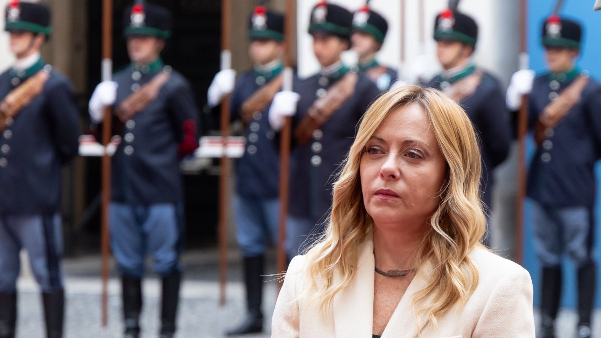 Italian Prime Minister Giorgia Meloni waits to meet Slovenian Prime Minister Janez Jansa, at Palazzo Chigi in Rome, Monday Oct. 5, 2026. (AP Photo)