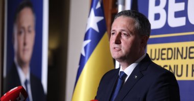 Incumbent member of the Presidency of Bosnia-Herzegovina Denis Becirovic speaks to the media after the announcement of the early results of the general election, Sarajevo, Bosnia-Herzegovina, Oct. 4, 2026. (EPA Photo)