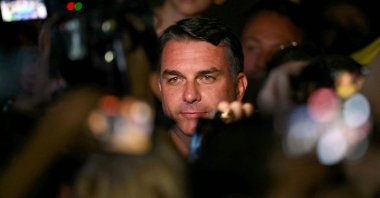 Brazil's right-wing senator and presidential candidate for the Liberal Party (PL) Flavio Bolsonaro reacts following the partial results of the presidential election in Brasilia, Brazil, Oct. 4, 2026. (AFP Photo)