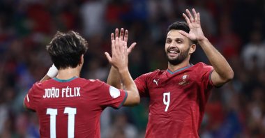Portugal's Goncalo Ramos and Joao Felix celebrate after a goal against Norway in the UEFA Nations League, Porto, Portugal, Oct. 4, 2026.