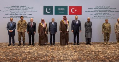 Türkiye's Foreign Minister Hakan Fidan, Pakistan's Deputy Prime Minister and Foreign Minister Mohammad Ishaq Dar, Saudi Arabia's Foreign Minister Prince Faisal bin Farhan Al Saud, Türkiye's Defense Minister Yaşar Güler, Turkish Chief of General Staff General Selçuk Bayraktaroğlu, Pakistan's Chief of Defence Forces and Chief of Army Staff Field Marshal Asim Munir, Pakistan's Defense Minister Khawaja Muhammad Asif, Saudi Arabia's Defense Minister Prince Khalid bin Salman, Saudi Arabia's Chief of General Staff General Fayyadh bin Hamed Al-Ruwaili and Pakistan's retired Lieutenant General Nauman Mahmood, Secretary General of the Mecca defence pact, pose during a committee meeting of the pact in Riyadh, Saudi Arabia, Oct. 5, 2026. (Turkish Foreign Ministry/Handout via Reuters)