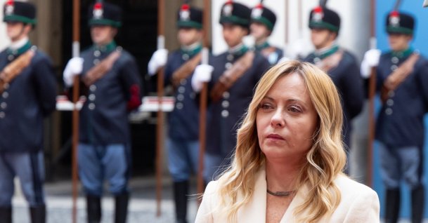 Italian Prime Minister Giorgia Meloni waits to meet Slovenian Prime Minister Janez Jansa, at Palazzo Chigi in Rome, Monday Oct. 5, 2026. (AP Photo)