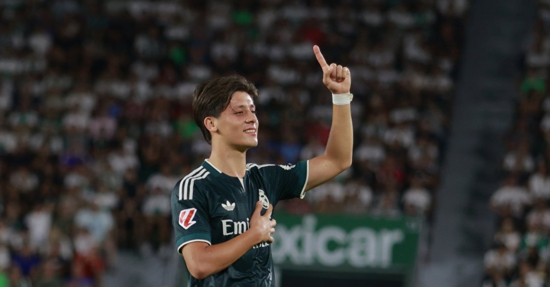Real Madrid's Arda Güler celebrates after scoring the 0-1 goal during the Spanish LaLiga soccer match between Elche and Real Madrid, in Elche, Spain, Sept. 15, 2026. (EPA File Photo)