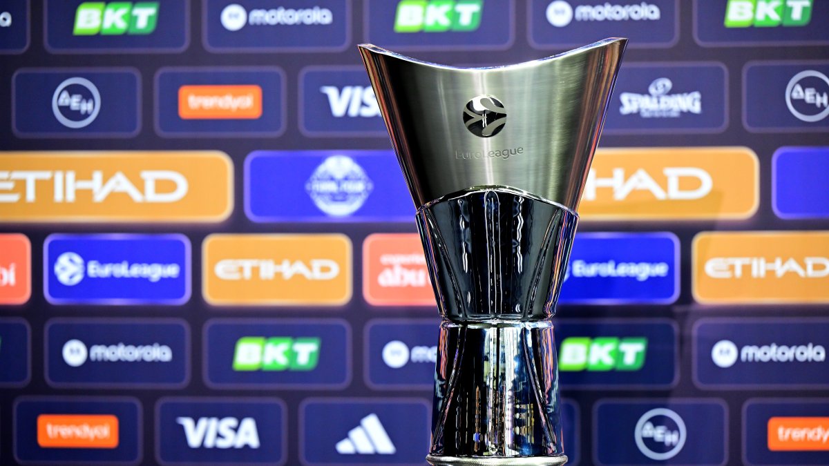 EuroLeague Basketball Trophy during the EuroLeague Final Four Championship Game Press Conference at Telekom Center, Athens, Greece, May 23, 2026. (Getty Images Photo)