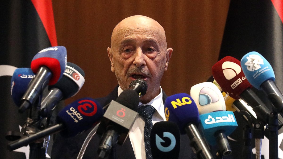 Aguila Saleh, speaker of Libya's eastern-based parliament, delivers a speech during a conference for the country's development and reconstruction, in Libya's southern city of Sebha, Sept. 5, 2024. (AFP File Photo)