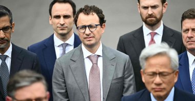 Co-founder and CEO of Anthropic Dario Amodei (C) looks on as U.S. Speaker of the House Mike Johnson (lower L) speaks to the press after a meeting with technology executives about artificial intelligence at the White House, Washington, D.C., U.S., Sept. 29, 2026. (AFP Photo)
