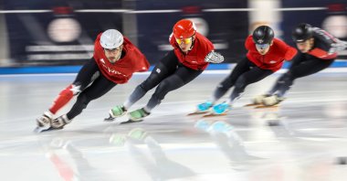 Turkish national short-track speed skater Furkan Akar (L) trains at the Ice Skating Hall, Palandöken district, Erzurum, Türkiye, Oct. 6, 2026. (AA Photo)