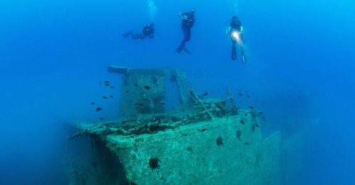 Divers explore a shipwreck, near the sites of the Gelidonya and Uluburun shipwrecks, Antalya, Türkiye, Sept. 11, 2026. (DHA Photo)