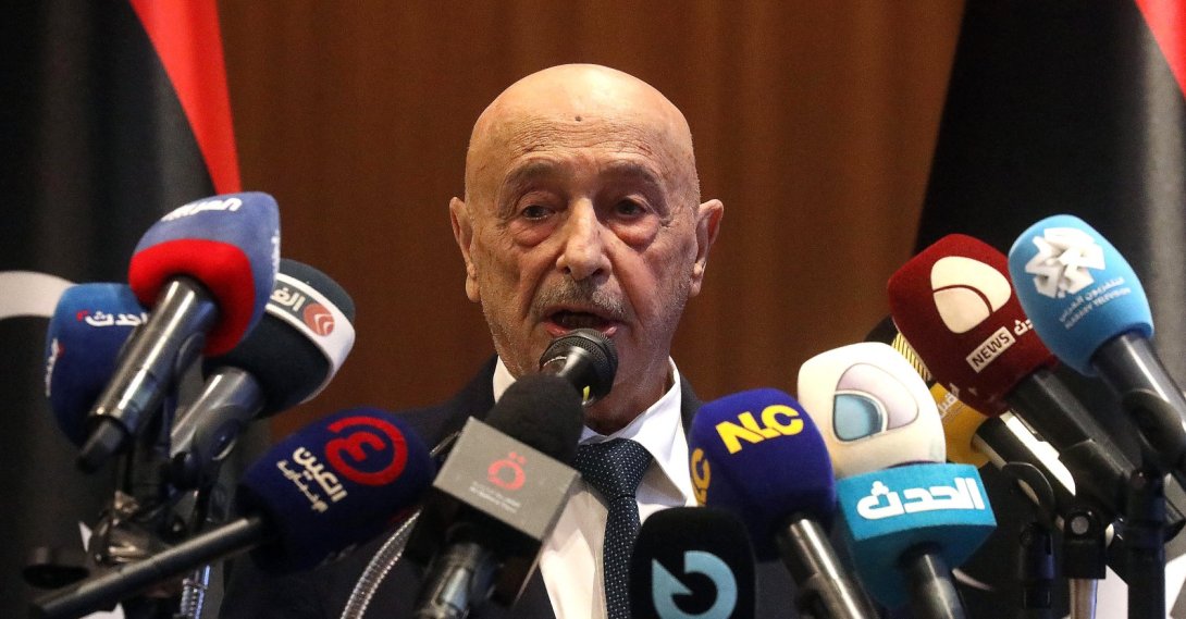 Aguila Saleh, speaker of Libya's eastern-based parliament, delivers a speech during a conference for the country's development and reconstruction, in Libya's southern city of Sebha, Sept. 5, 2024. (AFP File Photo)