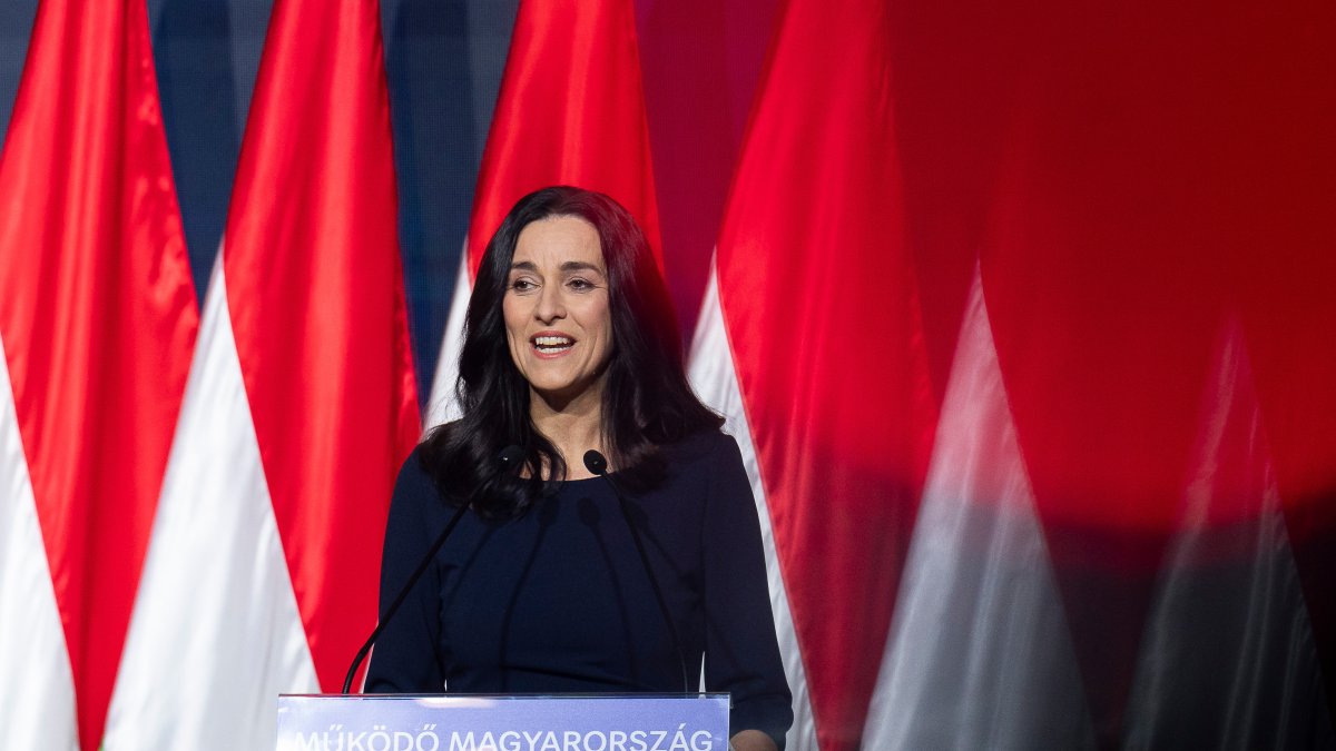 Hungarian Deputy Prime Minister and Foreign Minister Anita Orban speaks at the opposition Tisza Party's campaign opener event, Budapest, Hungary, Feb. 15, 2026. (AP Photo)