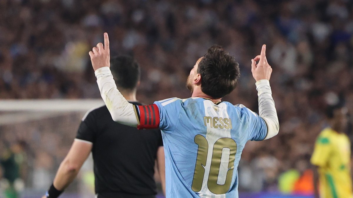Argentina's Lionel Messi celebrates his goal during an international friendly between Argentina and Benin at the Estadio Monumental, Buenos Aires, Argentina, Oct. 16, 2026. (EPA Photo)