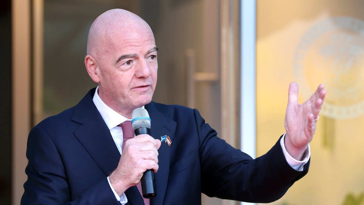 FIFA President Gianni Infantino speaks during the opening of new offices at the Latvian Football Association, Riga, Latvia, Sept. 28, 2026. (EPA Photo)