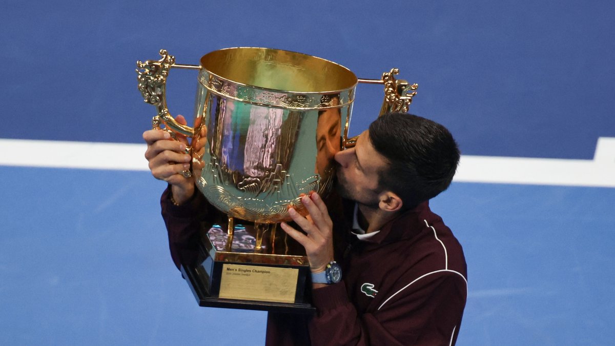 Serbia's Novak Djokovic kisses the trophy after winning the men’s singles final match at the China Open tennis tournament against Alex De Minaur of Australia, Beijing, China, Oct. 6, 2026. (EPA Photo)