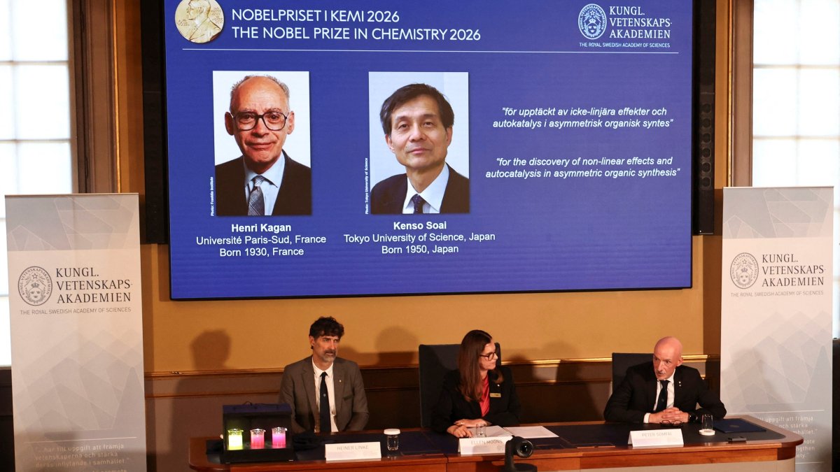 Henri Kagan and Kenso Soai are awarded the 2026 Nobel Prize in chemistry during a press conference at the Royal Swedish Academy of Sciences, Stockholm, Sweden, Oct. 7, 2026. (Reuters Photo)
