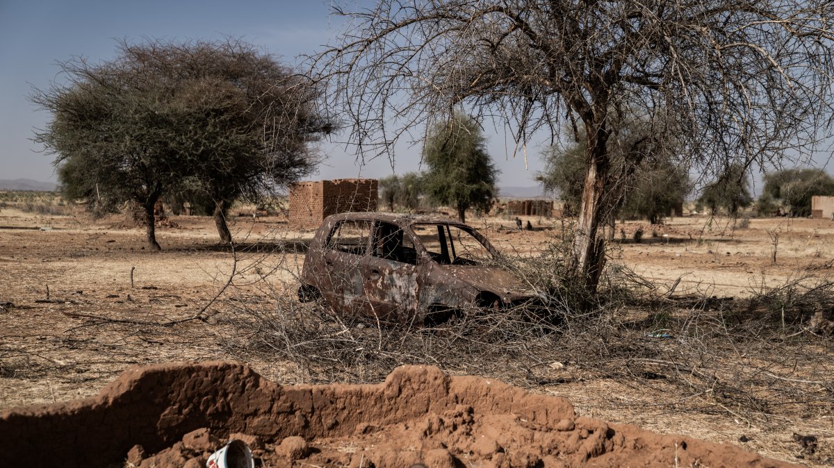 The remains of fighting scar the abandoned African village of Bakri, about 35 kilometers (22 miles) from el Fasher, Sudan, Feb. 24, 2026. (Getty Images)