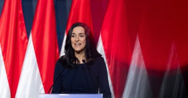 Hungarian Deputy Prime Minister and Foreign Minister Anita Orban speaks at the opposition Tisza Party's campaign opener event, Budapest, Hungary, Feb. 15, 2026. (AP Photo)