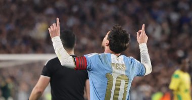 Argentina's Lionel Messi celebrates his goal during an international friendly between Argentina and Benin at the Estadio Monumental, Buenos Aires, Argentina, Oct. 16, 2026. (EPA Photo)