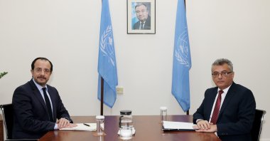 Turkish Cypriot President Tufan Erhürman meets with Greek Cypriot leader Nikos Christodoulides in the U.N.-controlled buffer zone, island of Cyprus, Sept. 17, 2026. (AA Photo)