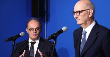 French Economy, Finance and Industry Minister Roland Lescure (R) and Governor of the Bank of France Emmanuel Moulin speak to the press following a meeting of the High Council for Financial Stability at the Ministry of Economy, Paris, France, Sept. 15, 2026. (AFP Photo)