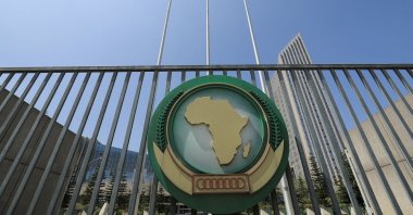 The African Union logo is seen outside the AU headquarters building, Addis Ababa, Ethiopia, Nov. 8, 2021. (Reuters Photo)