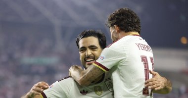 Spain's Mikel Merino celebrates (L) with teammates after scoring his team's second goal during the UEFA Nations match between Croatia and Spain at Poljud Stadium, Split, Croatia, Oct. 6, 2026. (AFP Photo)