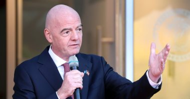 FIFA President Gianni Infantino speaks during the opening of new offices at the Latvian Football Association, Riga, Latvia, Sept. 28, 2026. (EPA Photo)