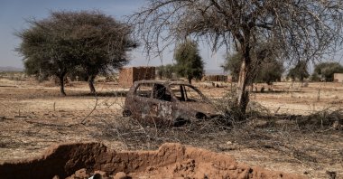 The remains of fighting scar the abandoned African village of Bakri, about 35 kilometers (22 miles) from el Fasher, Sudan, Feb. 24, 2026. (Getty Images)