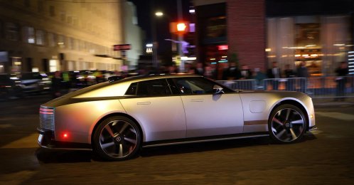 The Jaguar Type 01 all-electric four-door luxury vehicle drives on West 26th Street after the model was unveiled at its world premiere event, New York City, U.S., Oct. 6, 2026. (Reuters Photo)