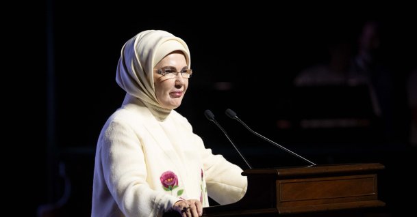 First lady Emine Erdoğan speaks at the 2027 season opening of the Beautiful Works Factory (GIF), Istanbul, Türkiye, Oct. 5, 2026. (AA Photo)