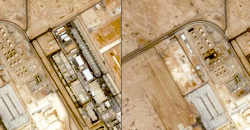 This combination of handout satellite images from Copernicus Sentinel Data taken on (L to R) Sept. 16 and 21, 2026 shows Saudi ARAMCO Bulk fuel depots at King Khalid International Airport in Riyadh, before and after an attack. (AFP File Photo)
