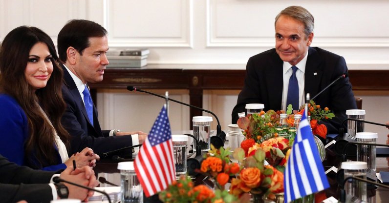 Greek Prime Minister Kyriakos Mitsotakis speaks with US Secretary of State Marco Rubio and U.S. Ambassador to Greece Kimberly Guilfoyle during an expanded meeting at the Maximos Mansion in Athens, Greece, Oct. 7, 2026. (EPA Photo)