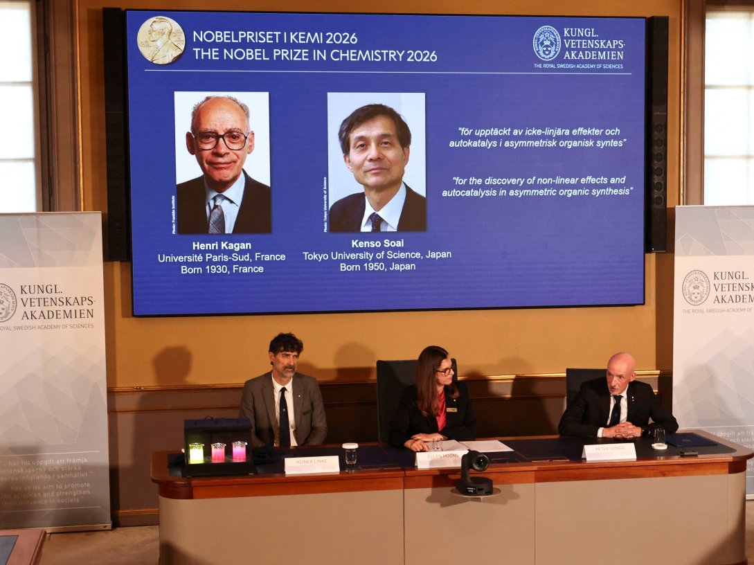 Henri Kagan and Kenso Soai are awarded the 2026 Nobel Prize in chemistry during a press conference at the Royal Swedish Academy of Sciences, Stockholm, Sweden, Oct. 7, 2026. (Reuters Photo)