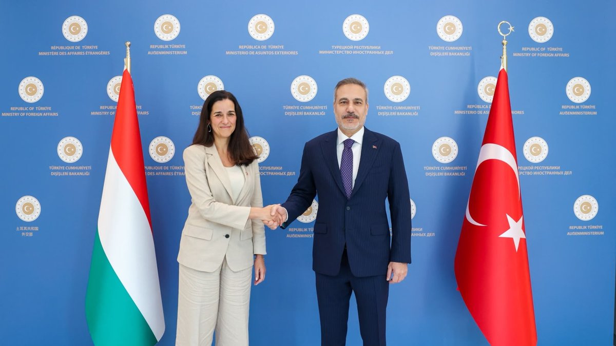 Turkish FM Hakan Fidan (R) shakes hands with Hungarian Foreign Minister Anita Orban, in Ankara, Türkiye, October 8, 2026. (AA Photo) 